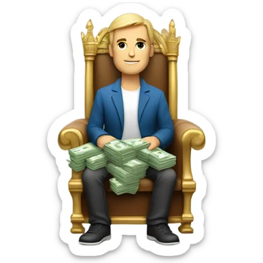 Caucasian Man sitting on a throne of cash with a laptop sticker