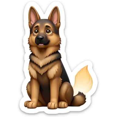cinematic-[german shepherd]-realistic-full-body-sitting-emoji,-tail-resting-loosely-beside-its-paws,-head-tilted-dramatically,-sleek-[brown and black]-fur,-simplified-yet-realistic-focused-features,-highly-detailed,-glowing-with-an-almost-sarcastic-glow sticker