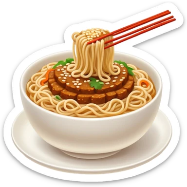 Wuhan Hot Dry Noodles with sesame paste topping, simplified emoji style with bold outlines and bright colors, cartoon style Hubei specialty breakfast sticker