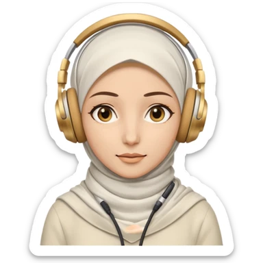 This is a cartoon-style avatar of a woman wearing a white hijab and headphones, with golden-brown eyes and a calm expression. sticker