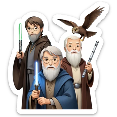 Icon for Fantasy and Sci-Fi Movies: Collage featuring Harry Potter with his wand, Dumbledore. Luke Skywalker with a lightsaber and futuristic robots. Background with a magical planet, Hogwarts, flying owls and spaceships. Epic and magical atmosphere. Transparent background. sticker