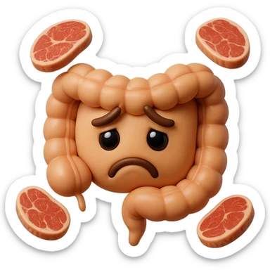 emoji stile iphone in 3d di un intestino triste con fette di carne che gli fluttuano intorno, iperrealistico 4k sticker