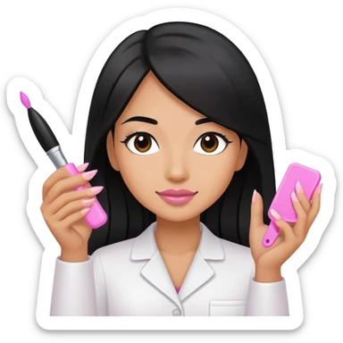 Pink Nail Tech with black long hair holding small acrylic brush sticker