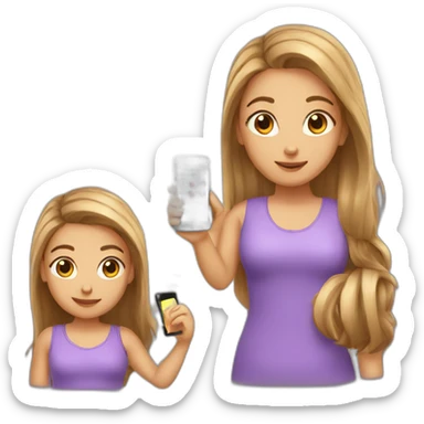 strigh bronw hair withe girl playing with a cellphone sticker