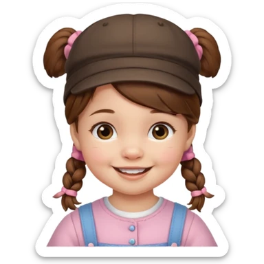 baby girl with brown hair and pigtails with hat sticker