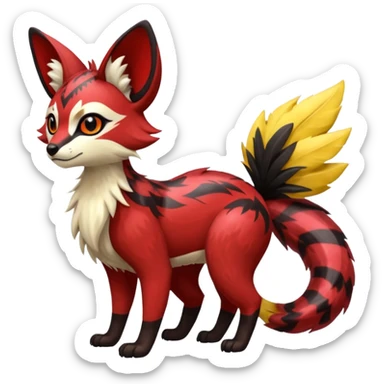 Futuristic sanguine-red banana-yellow black chevron-marked furry fluffy floofy feathery tribal marked Genet-Absol-Kyurem-Zeraora-Primagen-fusion-creature  sticker