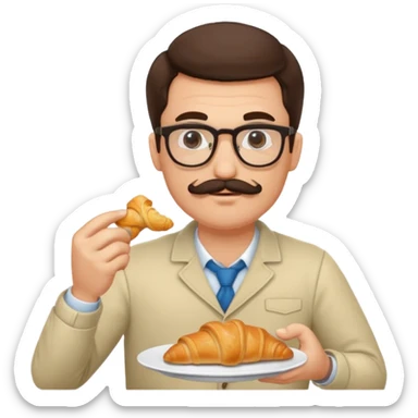 brunette man with glasses and moustache eating croissant sticker