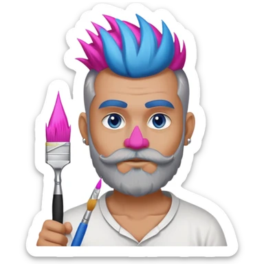Make a man with thick gray and white beard sorta tan with a Mohawk that’s hot pink with a nose piercing and blue eyes  holding a paint brush  sticker