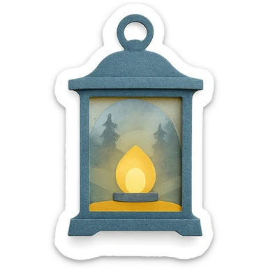 a lantern glowing softly in the misty woods, calm and dreamy feel, paper craft style sticker