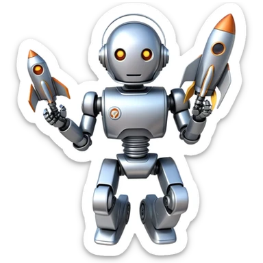 Robot with rocket boosters accelerating upward, upgrade concept sticker