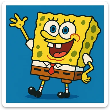 SpongeBob SquarePants, waving, happy expression, yellow sponge, cartoon style, white shirt, red tie, brown pants, blue background sticker