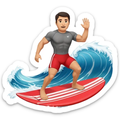 50 year old, muscular, dark haired, tan, red shorts man riding a big wave sticker