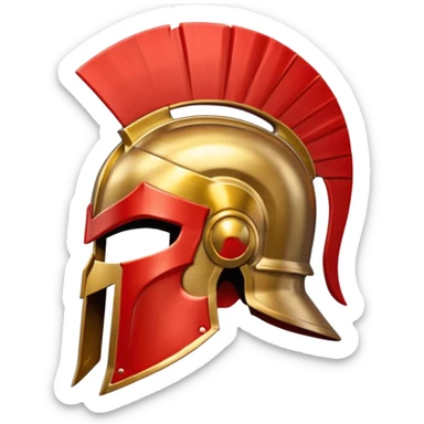 Side view of a gold Spartan helment with a red crest sticker