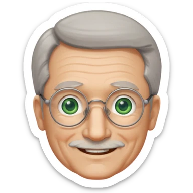 Old man with receding hair, grey hair only on the sides, green eyes, rectangular reading glasses, rounded clear face, with a smile sticker
