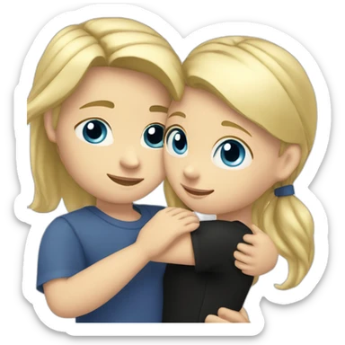 blond white girl with blue eyes hug white boy with black hair with pony-tail sticker