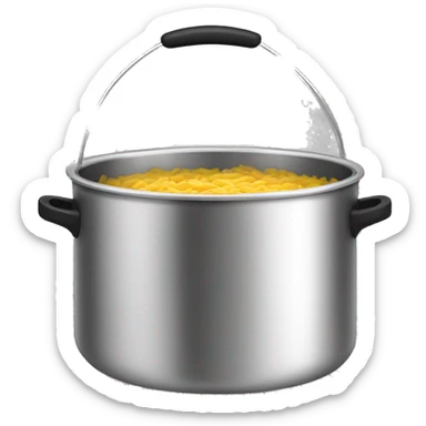 Stainless steel pot with black handlers, food inside sticker