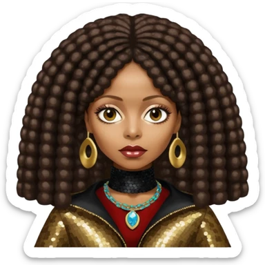 Erykah Badu with dark brown hair, dark brown sequin outfit sticker