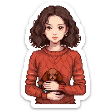 woman of Asian descent, dark brown eyes and hair, wearing a knit jumper, holding a small red poodle sticker