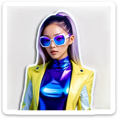 a futuristic and stylish cyberpunk-inspired Asian woman with light tan skin. She has long, flowing ombre hair that transitions from deep blue to vibrant violet, giving her an otherworldly aesthetic. She wears oversized, sleek white futuristic glasses that enhance her high-tech appearance. Her outfit is a form-fitting, reflective metallic bodysuit with neon cybernetic details, glowing accents, and a sci-fi-inspired design. sticker