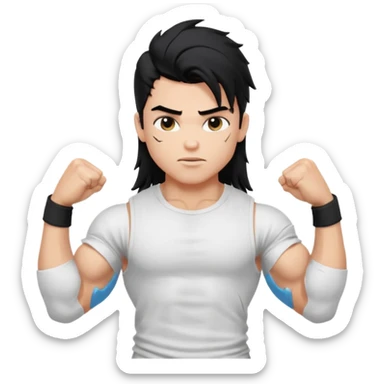 generate a pretty bratz boy with messy long mullet hair, sleeveless white tshirt, big biceps. Black hair sticker