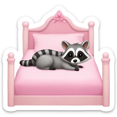 princess style bed with sleeping cute racoon wearing pink bow on head in it sticker