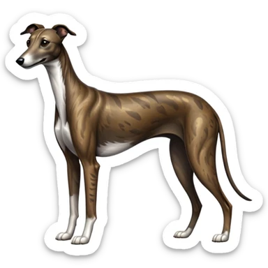 cinematic-[brindle greyhound]-realistic-full-body-standing-emoji,-tail-resting-loosely-beside-its-paws,-head-tilted-dramatically, -sleek-[dark brindle]-fur,-simplified-yet-realistic-focused-features,-highly-detailed,-glowing-with-an-almost-sarcastic-glow sticker