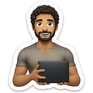 men holding his computer in hands. light brown skin men with curly black hair, dark brown eyes, little grown beard. little bit muscular. dressed casual. round face. sticker