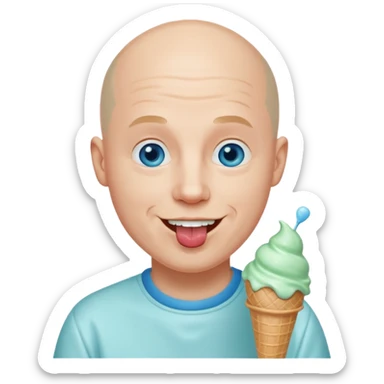 Smiling Bald man with blue eyes licking mint ice cream from a plate sticker