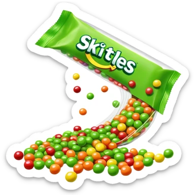 Skittles candy package spilling all green round candies, same package design but only green Skittles sticker