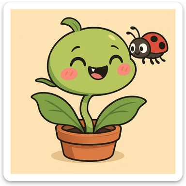 Add a tiny adorable bug friend interacting with the Venus flytrap, keeping the cartoon style with vibrant colors and clear outlines. sticker
