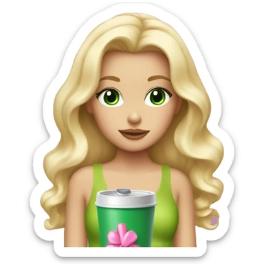 blonde with green eyes drinking pink tumbler wearing a pink bow in long wavy blonde hair sticker