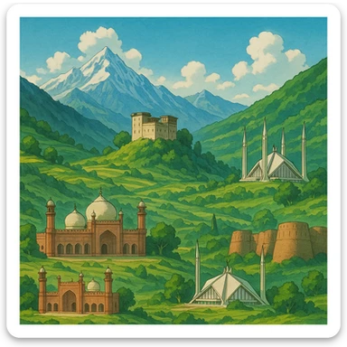 ghibli style landscape of Pakistan with mountains and famous sites sticker