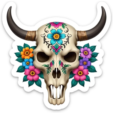 Aesthetic tattooed bull skull cranium with flowers, black painted pattern markings  sticker