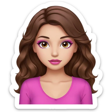 girl with long wavy brown hair, brown eyes, long lashes makeup, sexy pink lips, light to medium complexion, pink sexy top, I don't know sticker