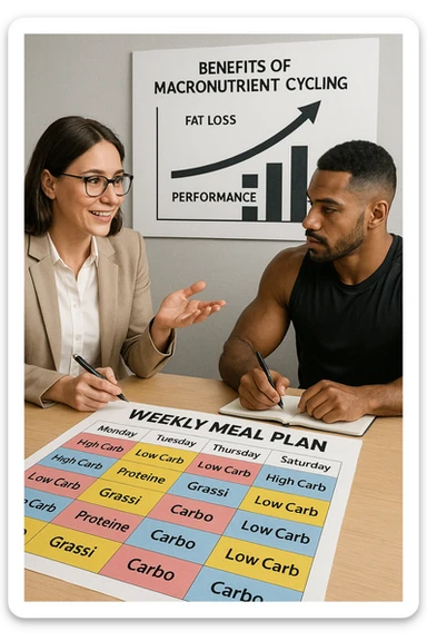 a nutritionist explains to an athlete how to cycle macronutrients for fat loss and training. On the desk, a weekly meal planner shows alternating high-carb and low-carb days, with color-coded sections for proteine, grassi, and carbo. The athlete takes notes, and a chart in the background illustrates the benefits of nutrient cycling. The mood is professional and educational. scritto in italiano sticker