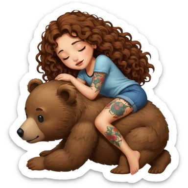 cute woman long curly brown hair tattoos riding sleepy bear sticker