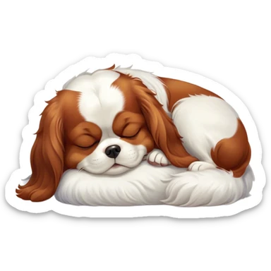 Cinematic Meme-Worthy Chubby Sleeping Cavalier King Charles Spaniel Portrait Emoji, Head resting peacefully with a contented smile, showcasing a delightfully chubby build and a luxuriously soft coat of chestnut and white, eyes shut in a serene nap, Simplified yet hilariously adorable features, highly detailed, glowing with a soft, drowsy light, high shine, relaxed and utterly lovable, stylized with an air of playful laziness, bright and heartwarming, soft glowing outline, capturing the essence of a comically sleepy Cavalier King Charles Spaniel, so meme-worthy it feels like it could instantly become the next viral sensation of adorable slumber! sticker