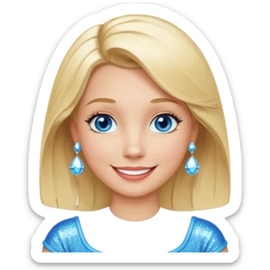 make this real, blond, below shoulder, blue eyes, 50s, sparkle in the eyes, fun, smile, no earings, relaxed style sticker