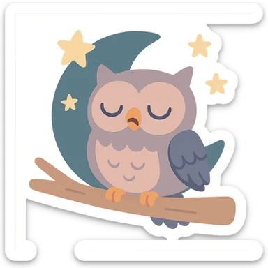 sleepy owl on a tree branch with stars, muted night palette, soft pastel colors, transparent background, pastel toon style sticker