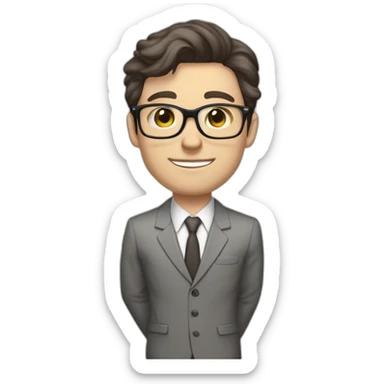Full height Pale skinned Fit Man With dark brown hair in classic gray suit, beige office shirt, dark gray tie, and vintage glasses. Thrumbs of his palms directed up sticker