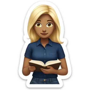 blonde beautiful girl with a navy blue shirt reading a book sticker
