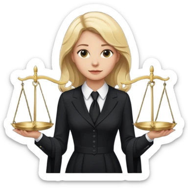woman lawyer blanche et blonde avec des cheveux mi-long; elle est habillée avec une longue robe noire et un col cravate blanc; la balance de la justice apparaît dans l'ombre derrière elle sticker