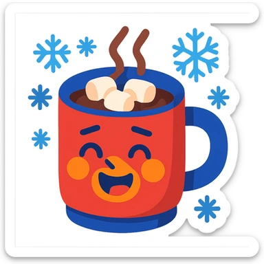 joyful mug of hot cocoa with a face, surrounded by snowflakes, looking cozy and cold sticker