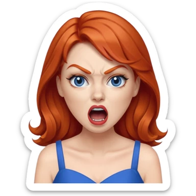 mujer pelirroja con los ojos y los labios maquillados enojada gritando con vestido azul sticker