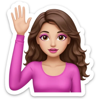 girl with long wavy brown hair, brown eyes, long lashes makeup, sexy pink lips, light to medium complexion, wearing a pink sexy top, one hand in the air high sticker