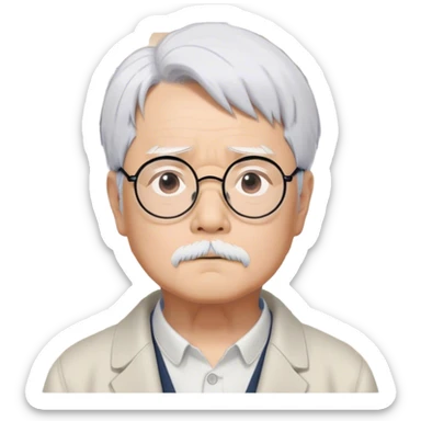 ​Cinematic Realistic Portrait of Hayao Miyazaki, depicted with striking white hair, defined black eyebrows, and large rectangular glasses, his thoughtful expression rendered in lifelike detail against a background of whimsical Studio Ghibli-inspired sketches, illuminated with soft, realistic lighting that emphasizes his creative genius, sticker