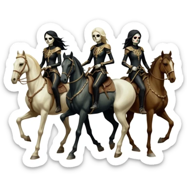 cinematic - aesthetic brilliant divine lighting, oil paint - ivory Four thin women as riders of the Apocalypse, after a graphic by Albrecht Dürer in a desolate landscape on horse skeletons sticker