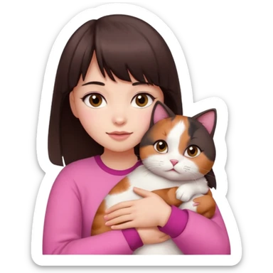 beautiful woman with dark brown straight hair and bangs, brown eyes wear a pink clothes, and white skin hugs a cute chubby cat sticker