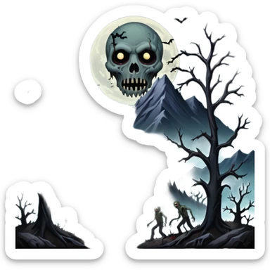 A dark creep Alaskan land scape with rotting trees and zombies rising from the ground infront of evil looking mountains with a cloudy evil moon. sticker