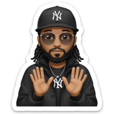 African American man with shoulder length black dreadlocks with black beard wearing black sunglasses wearing a black New York Yankees logo baseball cap wearing a black bubble winter coat with hands together sticker